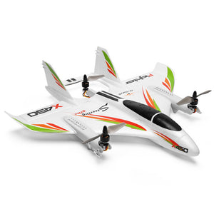 Avion radiocommandé WLtoys X450 6CH - Appareil à décollage et atterrissage vertical (VTOL) double mode 3D/6G à voilure fixe avec LED, télécommande 2,4 GHz et prêt à voler.