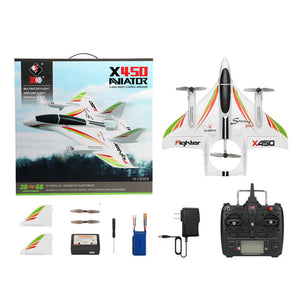 Avion radiocommandé WLtoys X450 6CH - Appareil à décollage et atterrissage vertical (VTOL) double mode 3D/6G à voilure fixe avec LED, télécommande 2,4 GHz et prêt à voler.