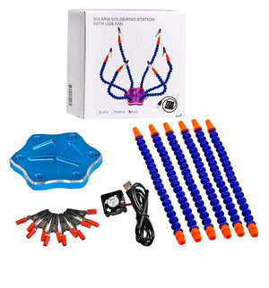 Support de fer à souder à six bras, outil de fixation pour circuit imprimé avec mini-ventilateur intégré